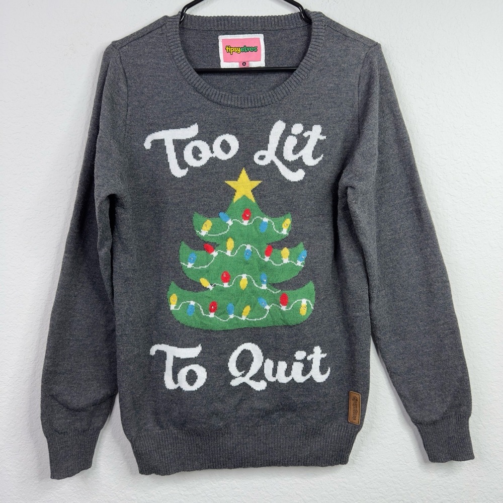 Tipsy Elves Sweater Womens M Gray Too Lit To Quit Christmas Tree Ugly Sweater‎